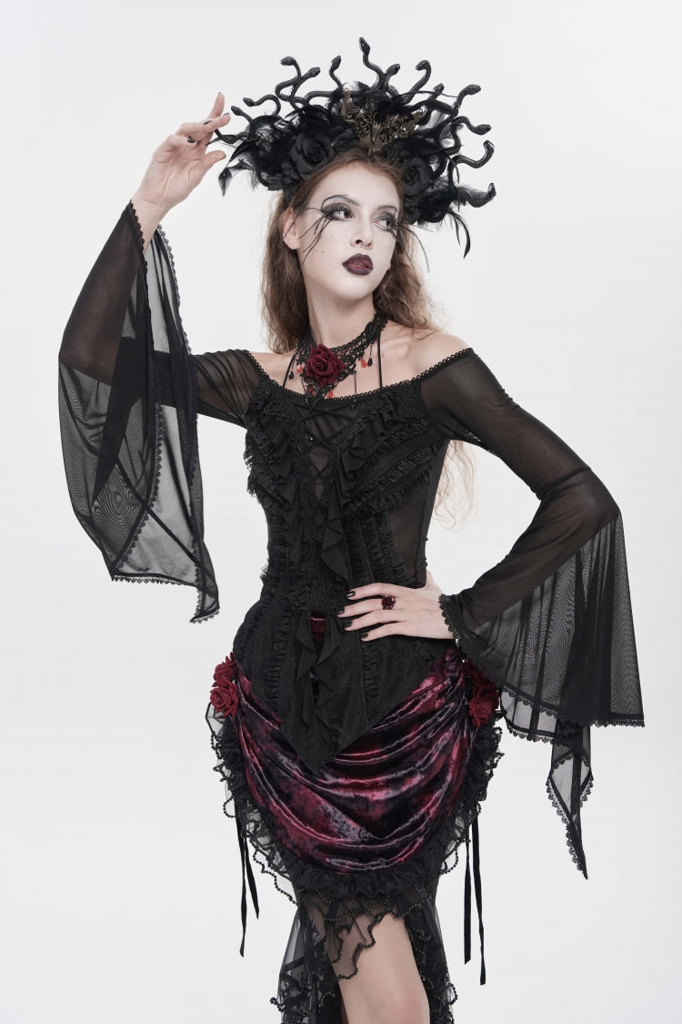 Black Off Shoulder Long Trumpet Sleeves Ruffled Embroidered Lace-Up Women's Gothic Blouse