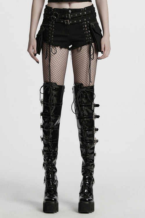 Black Lace-Up Women's Punk Denim Shorts with Detachable Pocket