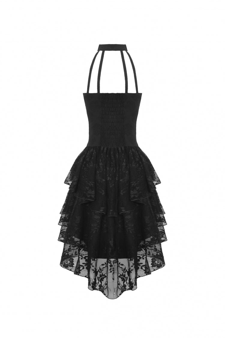 Black Off Shoulder Halterneck Sleeveless Irregular High Low Multi-Layered Lace Women's Gothic Dress