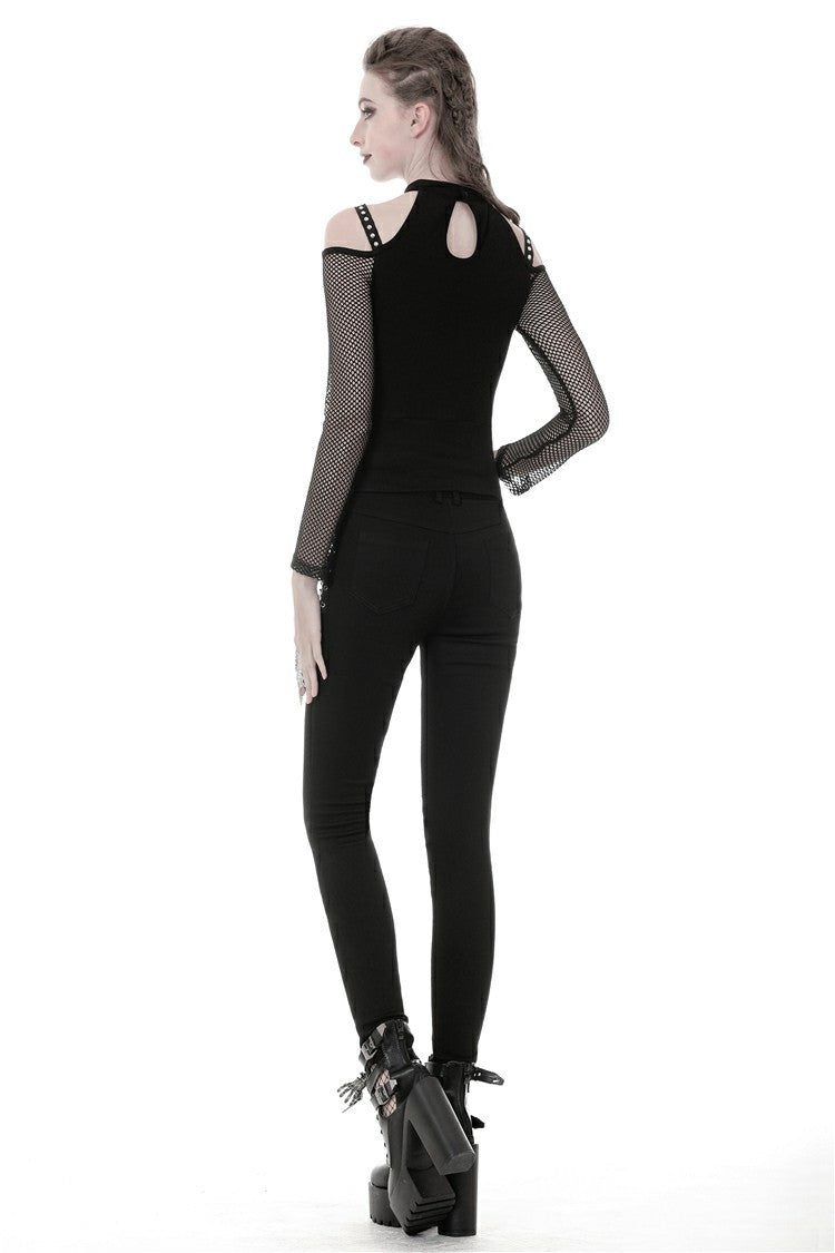 Black Off Shoulder Long Sleeves Lace-Up Mesh Women's Punk Top