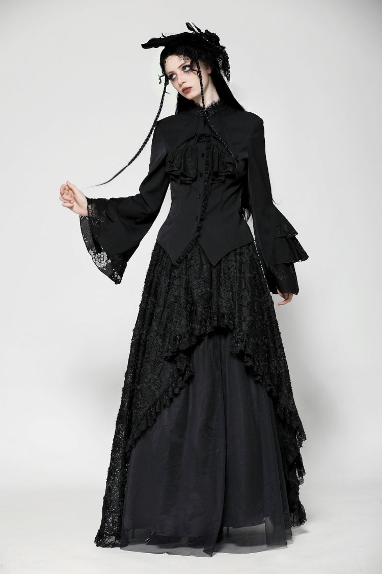 Black Lace Stand Collar Multi-Layered Ruffled Long Flared Sleeves Women's Gothic Blouse