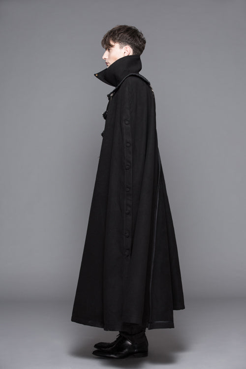 Black Detachable One Sided Shawl Double Sided Woollen Thick Mens Punk Long Coat