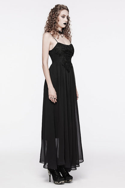 Black Floral Embroidery Lace-Up Women's Gothic Slip Dress
