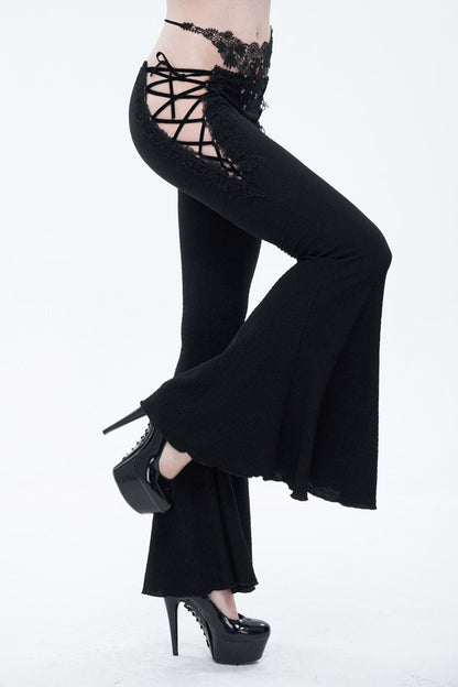 Black Low-Rise Lace Gem-Embellished Bilateral Lace-Up Cutout Flared Women's Gothic Pants