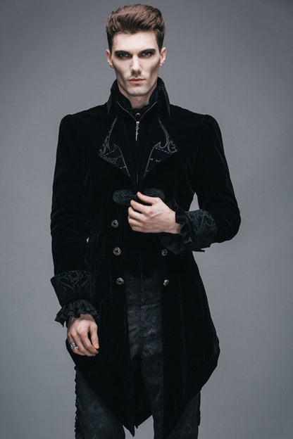 Black Embroidered Collar Long Sleeves Mens Velveteen Tuxedo Gothic Coat