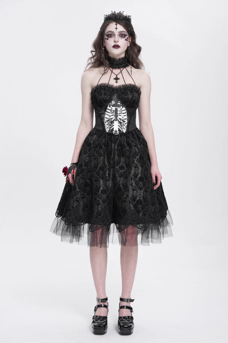 Black Halterneck Skeleton Print Embroidery Stitching Lace Women's Gothic Dress