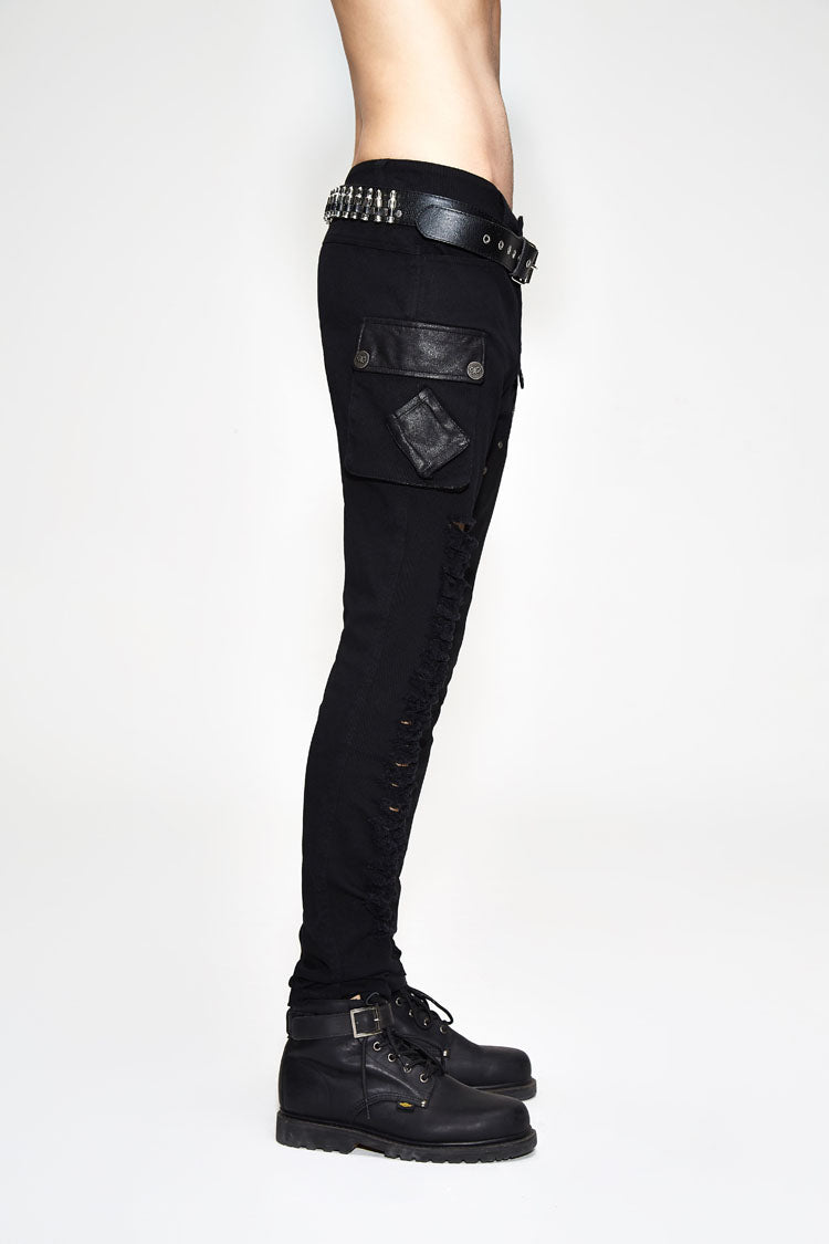 Black Asymmetric Broken Hole Glued Suede Rivet Men's Punk Pants