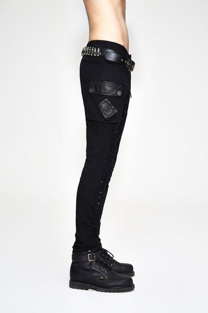 Black Asymmetric Broken Hole Glued Suede Rivet Men's Punk Pants