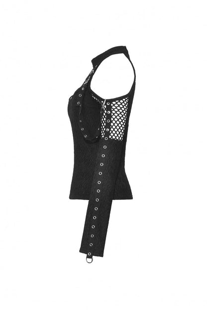 Black Off Shoulder Long Sleeves Cut-Out Spliced Mesh Women's Punk Top