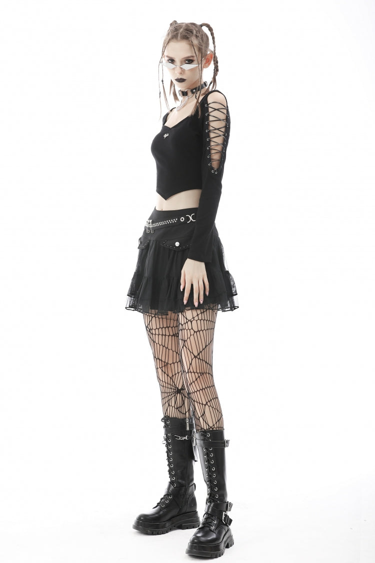 Black Long Sleeves Irregular Strappy Bat Women's Punk Crop Top