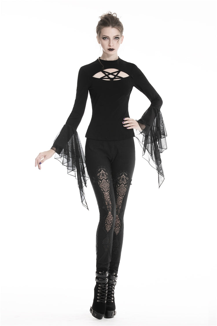 Black Floral Cut-Out Lace-Up Women's Gothic Leggings