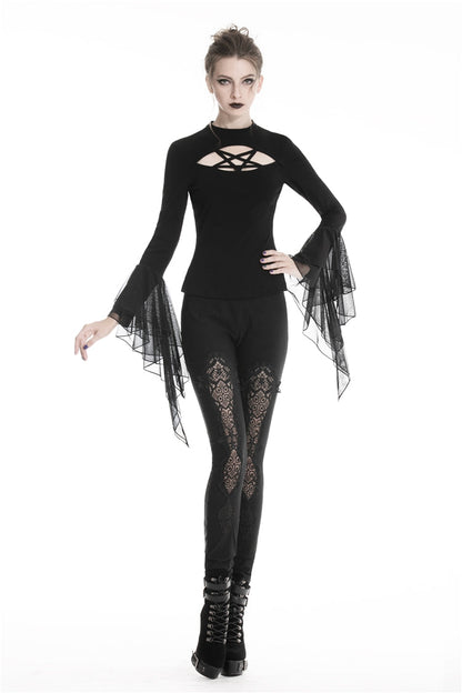 Black Floral Cut-Out Lace-Up Women's Gothic Leggings