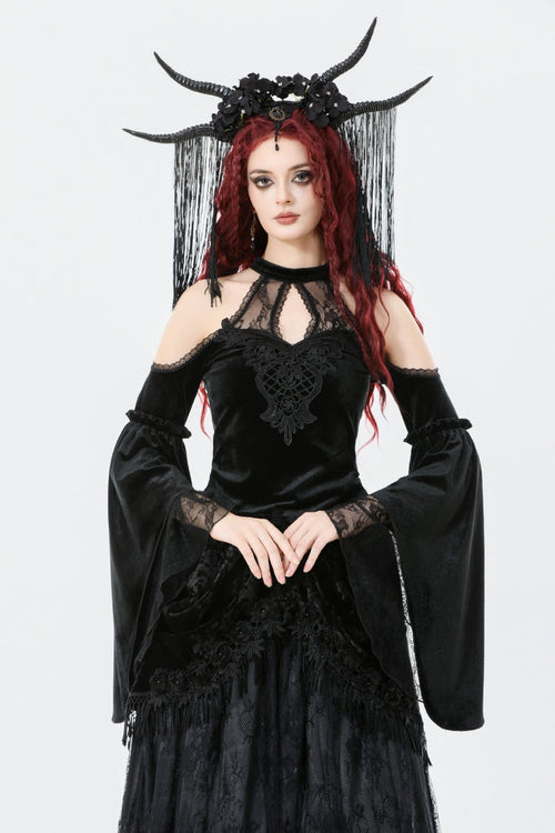Black Off Shoulder Halterneck Long Trumpet Sleeves Cut-Out Lace Spliced Velvet Gothic Palace Top