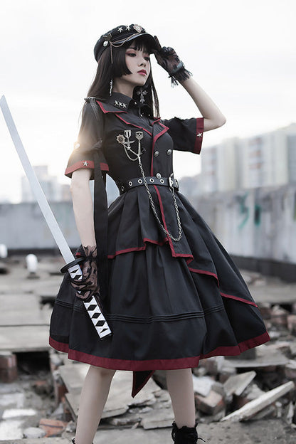 Black Military Style JK Set Irregular Gothic Lolita Dress