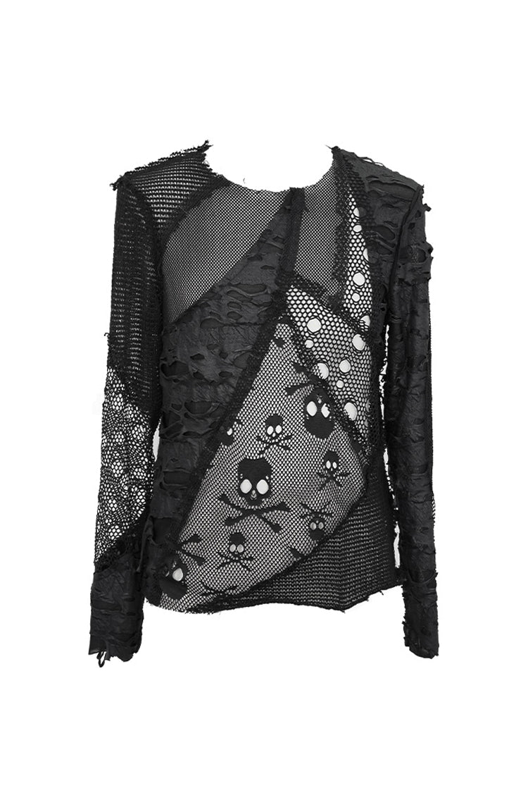Black A Variety Of Mesh Materials Stitching Unedged Broken Holes Round Collar Men's Punk T-Shirt
