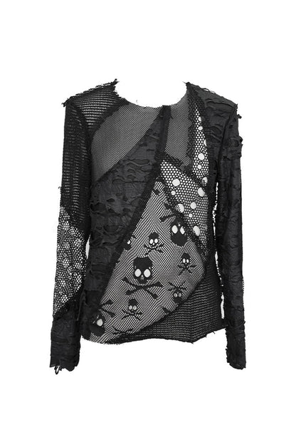 Black A Variety Of Mesh Materials Stitching Unedged Broken Holes Round Collar Men's Punk T-Shirt