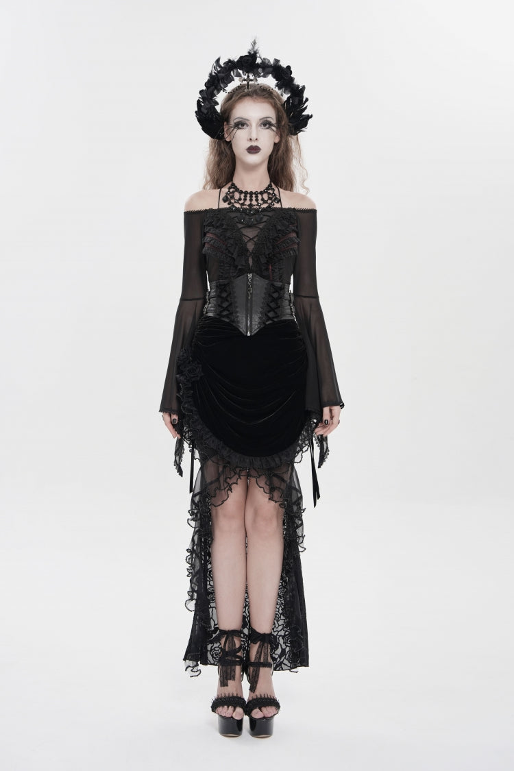 Black Embroidered Rose Lace-up Irregular Women's Gothic Hem Skirt