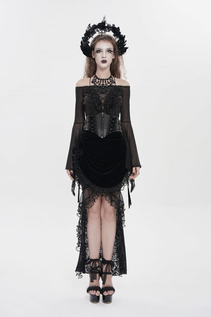 Black Embroidered Rose Lace-up Irregular Women's Gothic Hem Skirt