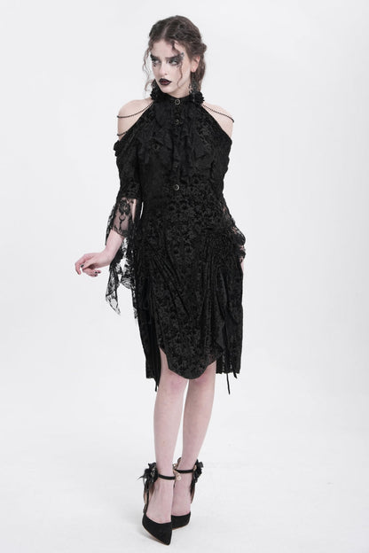 Black Off Shoulder Drawstring Jacquard Embroidery Women's Gothic Party Dress