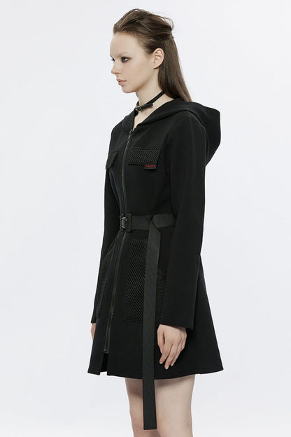 Black Long Sleeves Buckle Belt Hooded Women's Punk Dress