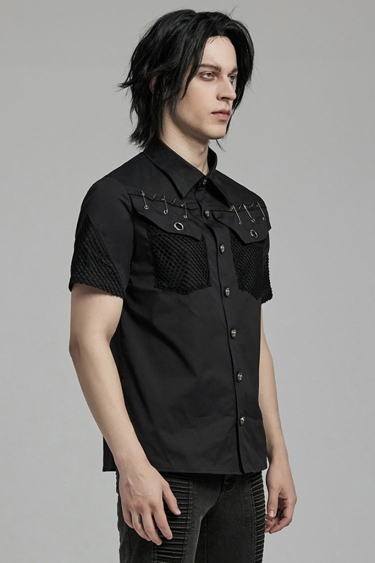 Black Lapel Collar Short Sleeves Mesh Stitching Men's Punk Blouse