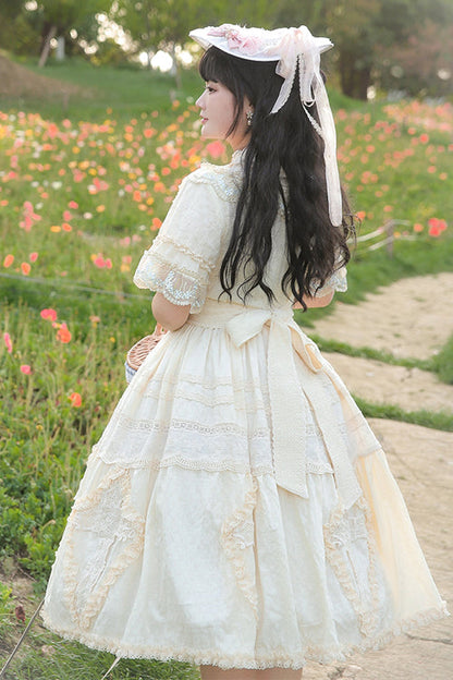 Beige Ruffled Round Collar Lace Cross Floral Embroidery Short Sleeves Plus Size Sweet Lolita OP Dress