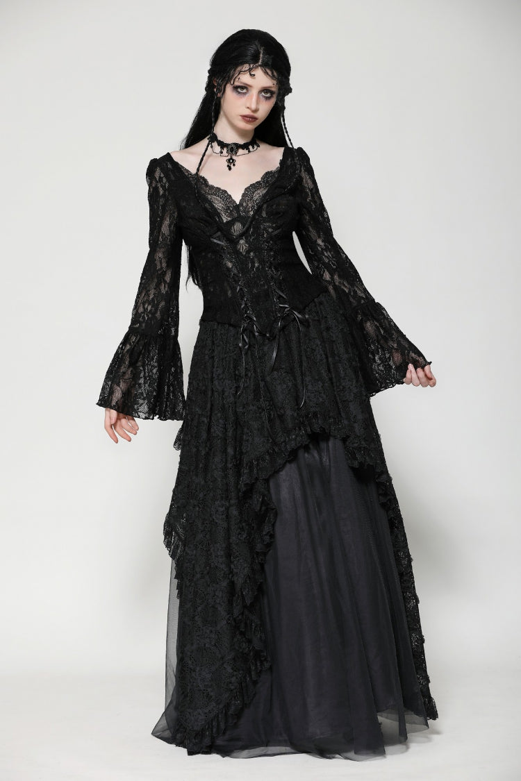 Black Deep V Collar Long Trumpet Sleeves Lace Lace-Up Women's Gothic Corset Top