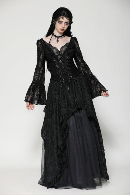 Black Deep V Collar Long Trumpet Sleeves Lace Lace-Up Women's Gothic Corset Top