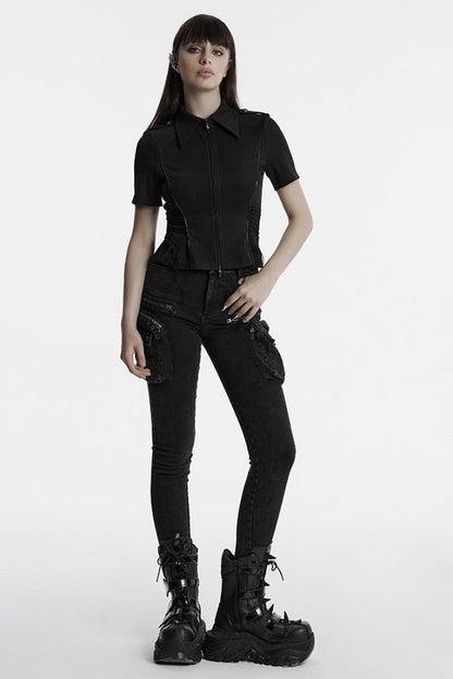 Black Lapel Collar Long Sleeves Lace-Up Women's Punk Military Blouse