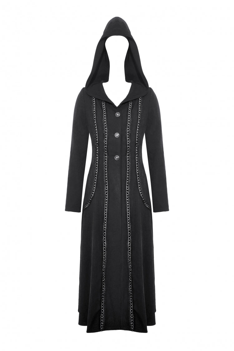 Black Long Sleeves Ruffled Lace-Up Women's Punk Long Jacket with Hood