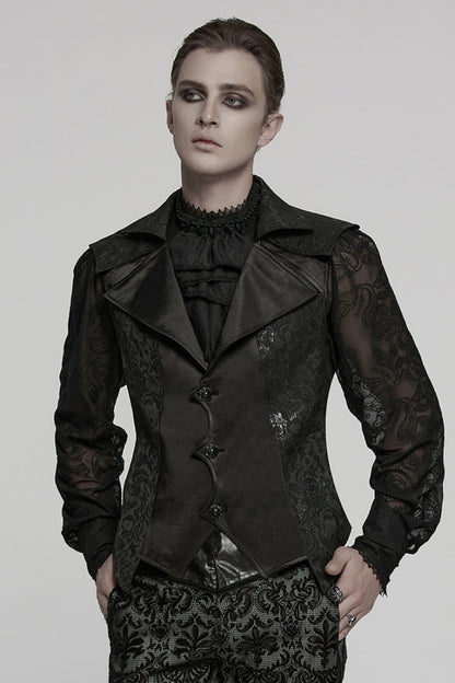 Black Lapel V Collar Long Sleeves Embroidery Men's Gothic Vest