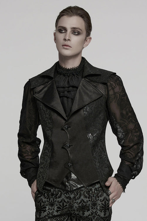 Black Lapel V Collar Long Sleeves Embroidery Men's Gothic Vest