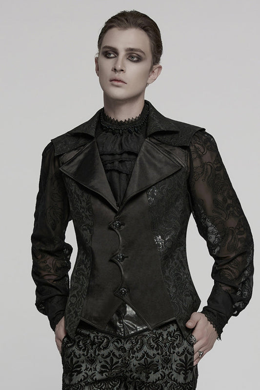 Black Lapel V Collar Long Sleeves Embroidery Men's Gothic Vest