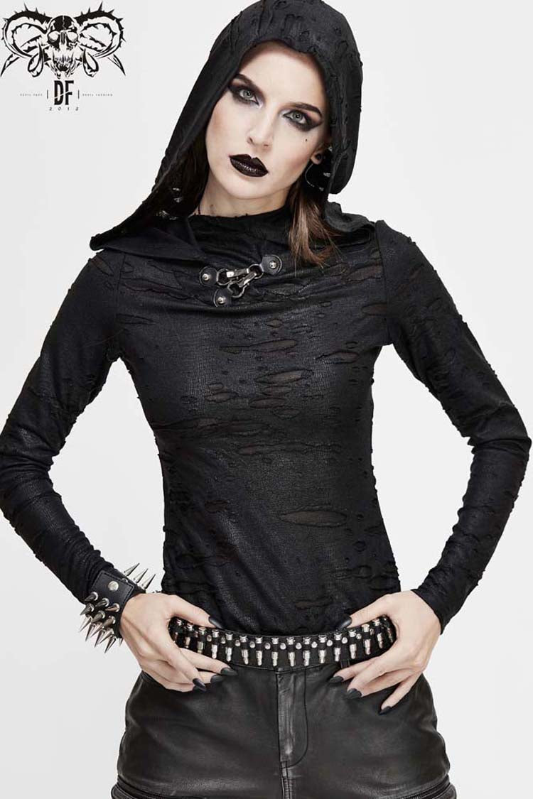 Black Hooded Snakeskin Ripped Pattern Triangle Metal Nail Asymmetrical Women's Punk Shirt