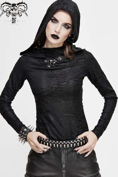 Black Hooded Snakeskin Ripped Pattern Triangle Metal Nail Asymmetrical Women's Punk Shirt