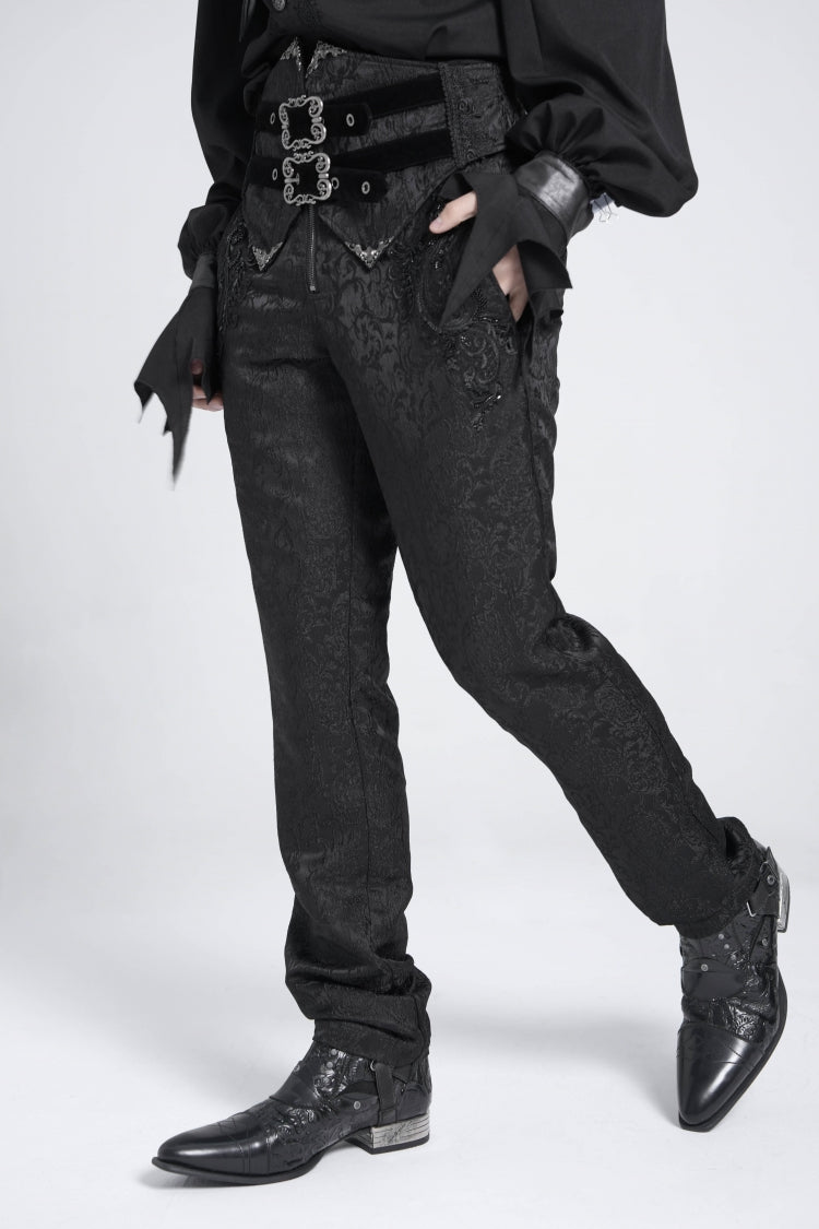 Black Double Buckles High Waisted Embroidery Men's Gothic Suit Pants