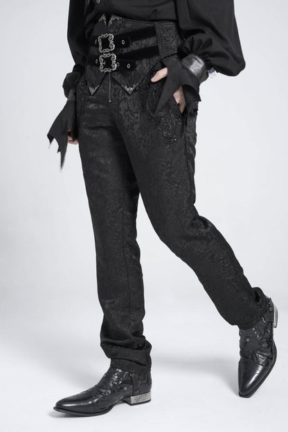 Black Double Buckles High Waisted Embroidery Men's Gothic Suit Pants