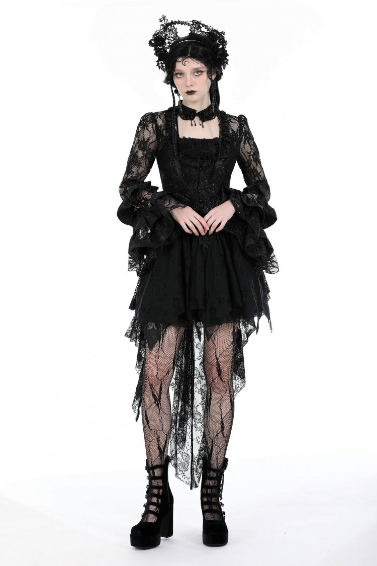 Black Multi-Layered Long Trumpet Sleeves Lace Lace-Up Women's Gothic Top