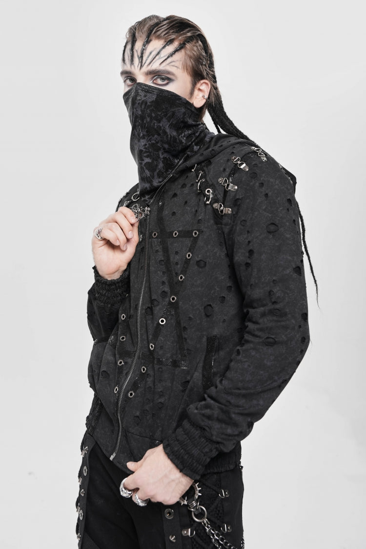 Black Long Sleeves Hexagram Print Hooded Ripped Pleated Men's Punk Coat