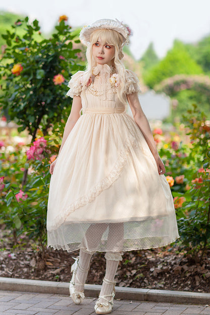 Apricot [Moon goddess *Mediana*] Polka Dot Print Ruffle Bowknot Asymmetric Sweet Elegant Lolita Dress