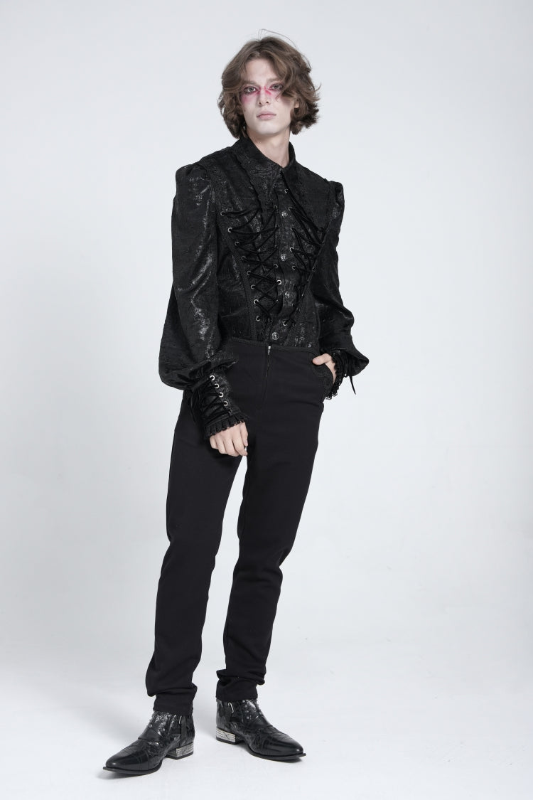 Black Long Puff Sleeves Jacquard Lace Men's Gothic Blouse