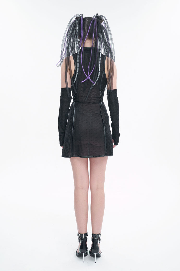 Black Laminated Stretch Cheongsam Collar Sleeveless Short Women's Punk Dress