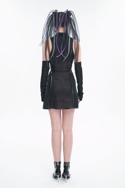 Black Laminated Stretch Cheongsam Collar Sleeveless Short Women's Punk Dress