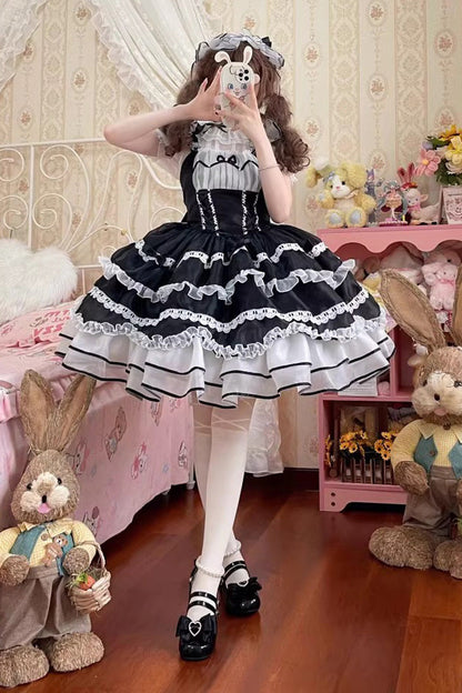 Black Multi-layer Ruffle Bowknot Lace-Up Ballet Style Sweet Princess Lolita Tiered Dress