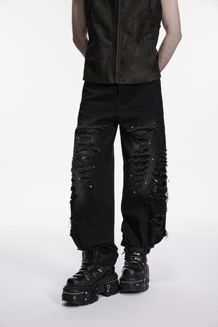 Black Irregular Mesh Ripped Studded Zippered Eyelet Men's Punk Handsome Cool Pants