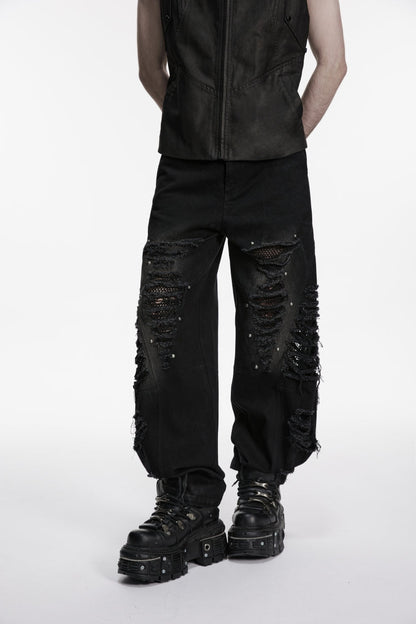 Black Irregular Mesh Ripped Studded Zippered Eyelet Men's Punk Handsome Cool Pants