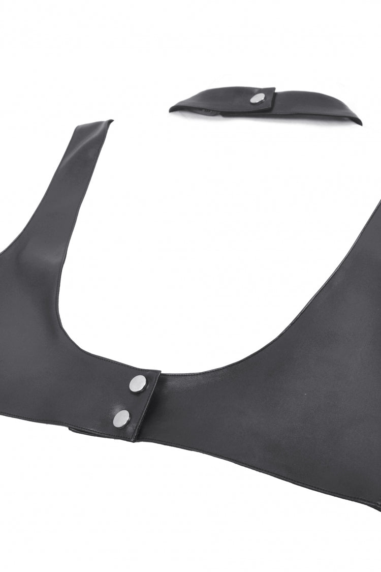 Black Metal Studded Women's Punk Faux Leather Bustier Crop Top with Adjustable Clasps