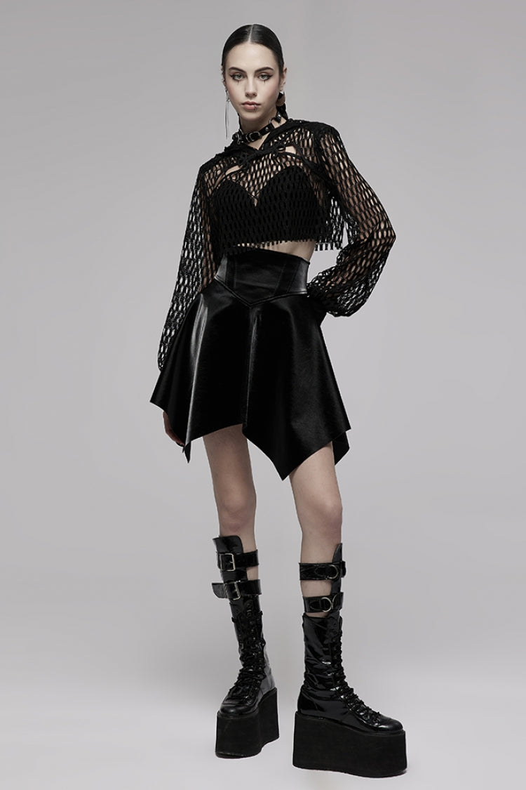 Black Long Sleeves Hollow Hooded Buckle Decoration Women's Punk Blouse