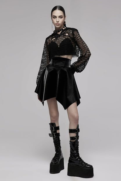 Black Long Sleeves Hollow Hooded Buckle Decoration Women's Punk Blouse