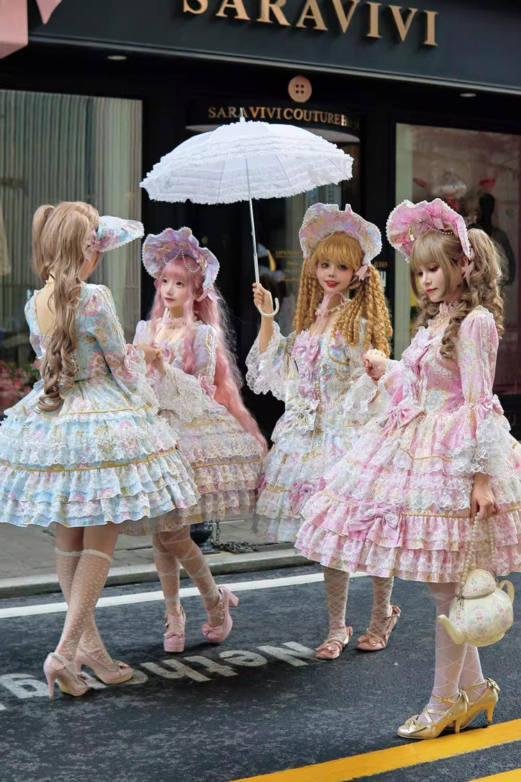 Apricot [Candlelight Elegance] Long Trumpet Sleeves Multi-Layered Ruffle Bowknot Lace Sweet Elegant Lolita Dress